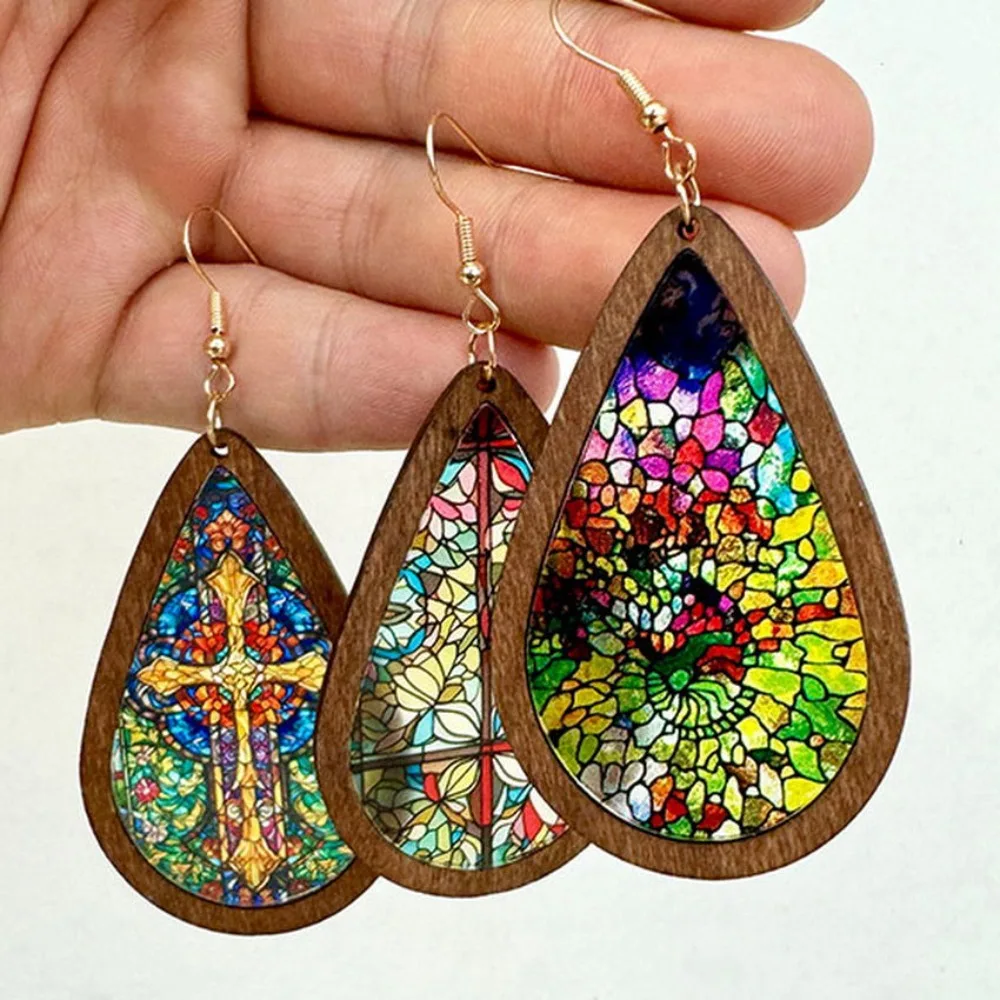 Colorful Mosaic Stained Glass Dangle Earrings New Kaleidoscope Pattern Wood Acrylic Dangle Earrings for Women Party Jewelry