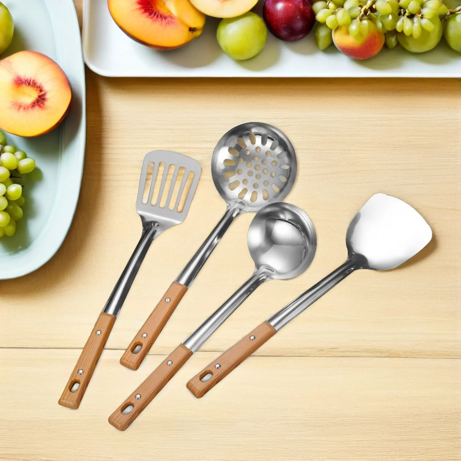 4Pcs Stainless Steel Kitchen Utensil Set Ergonomic Wooden Handle Heat Resistant Cooking Tools for Wok Stir Fry Soup Serving