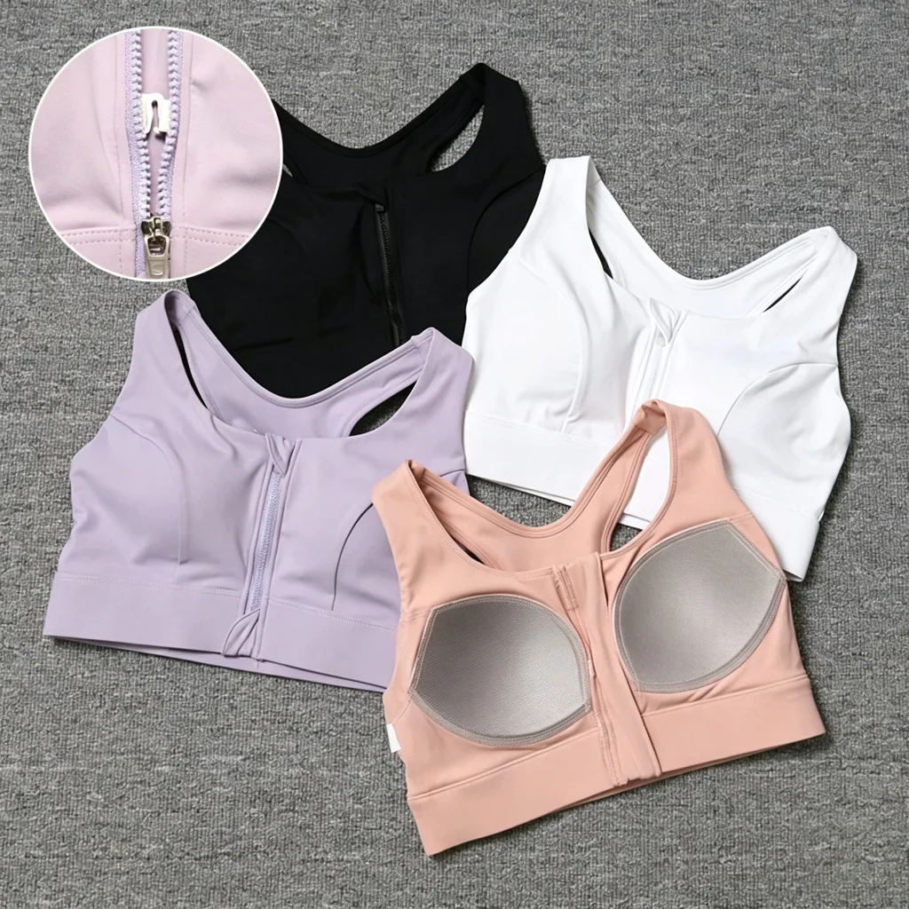 2026 New  Front Zipper Adjustment High Strength Shockproof Gathered Sexy Cross Back Workout Sports Bra For Women