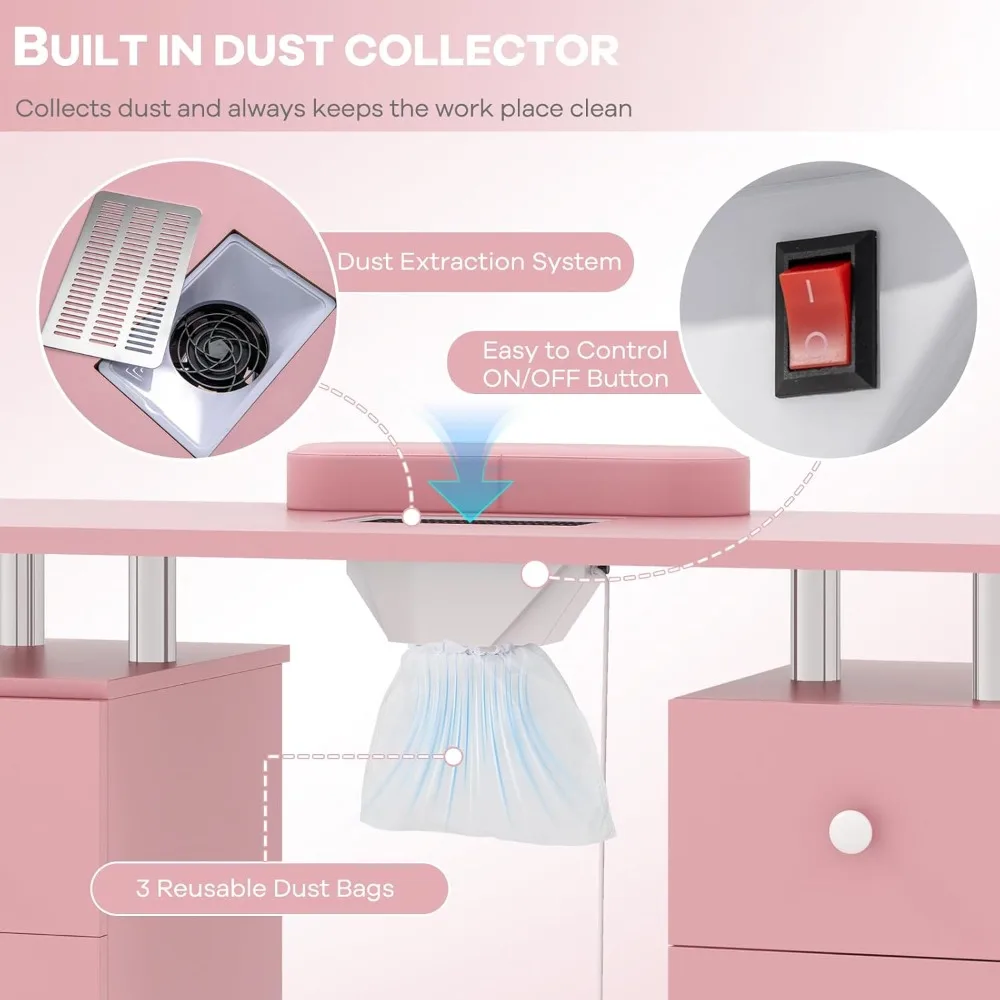 طاولة مانيكير احترافية مع مجمع غبار، 3 أكياس غبار، ووسادة ناعمة، مكتب فني أظافر متنقل مع كومبا عالمي #3