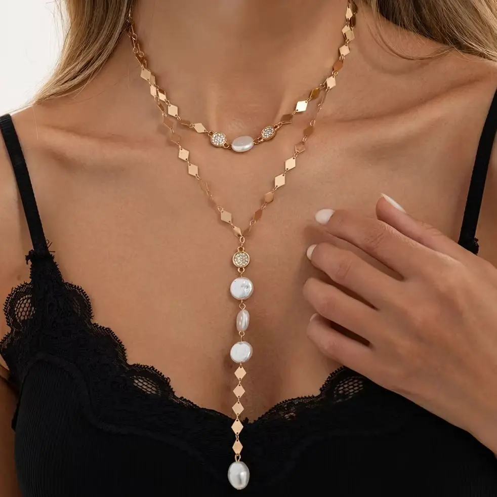 SHIXIN 2 Pcs/Set New Vintage Elegant Imitation Pearl Y Shape Pendant Necklace Women Trendy Rhinestone Chain Choker Y2K Jewelry