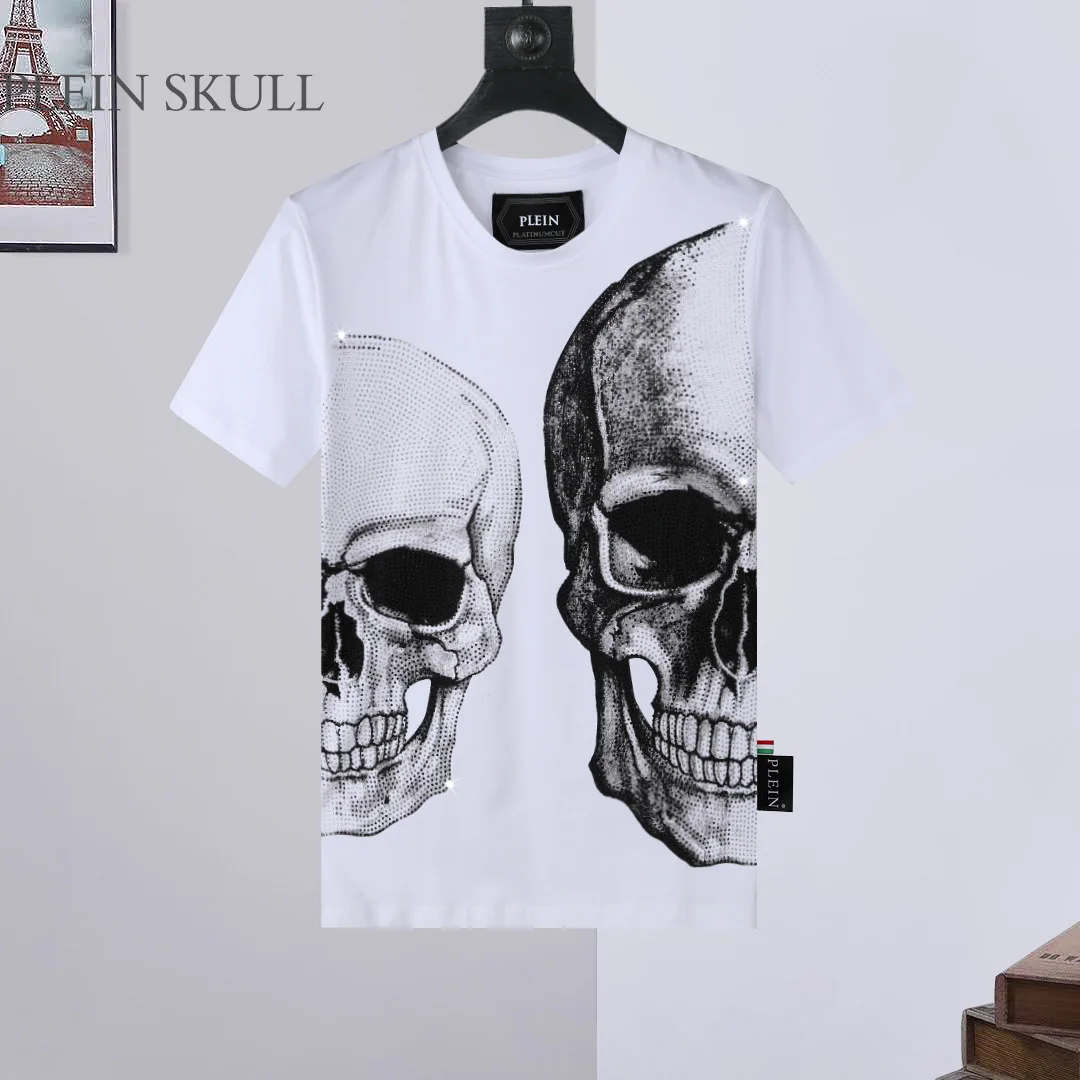 

Футболка PLEIN SKULL в американском уличном стиле, мужская, летняя, с коротким рукавом, с горячими стразами, для фитнеса, дышащая, модная, унисекс, хлопковая.
