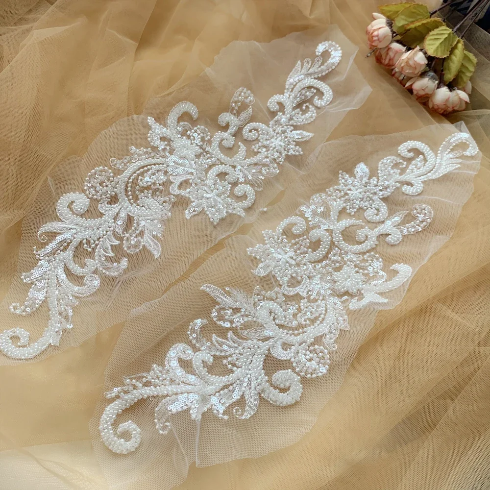 

39.5 * 11cm European Style Pattern with Studded Sequins, Lace Mirror Flower, Hand Sewn DIY Wedding Dress Background Decoration