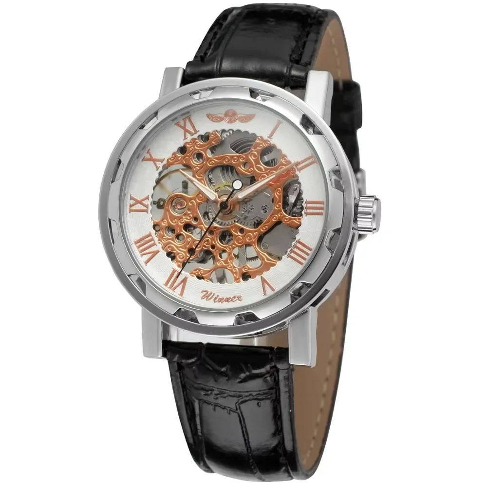 

T-WINNER WATCH Silver Surface Golden Roman Numerals dial black leather strap men's mechanical watch