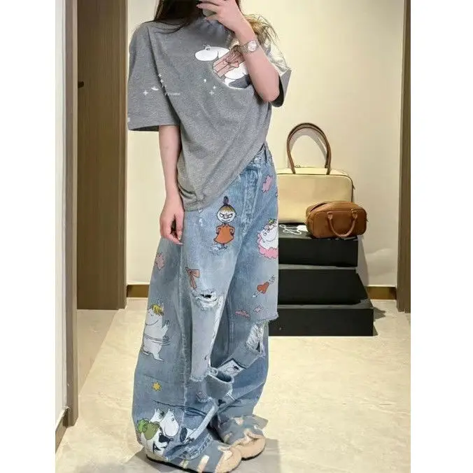レトロ漫画落書きウォッシュリッピングワイドレッグジーンズレディース2025春夏デザインセンスゆったり薄手パンツ潮