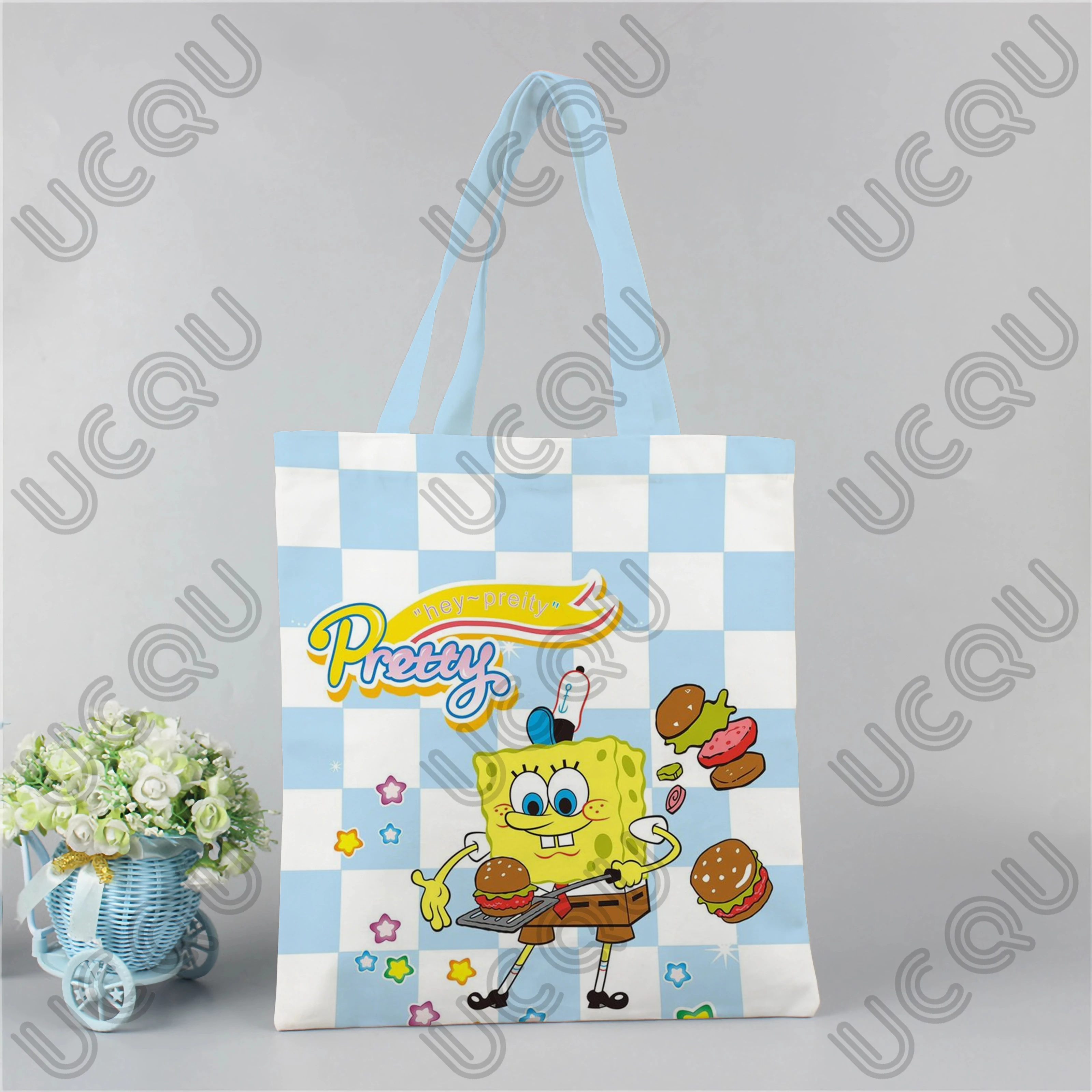 Kawaii S-SpongeBob Print Tote Bags Women Handbag Cute Girls canvas Shoulder Bag Ladies Large Shopping Bag