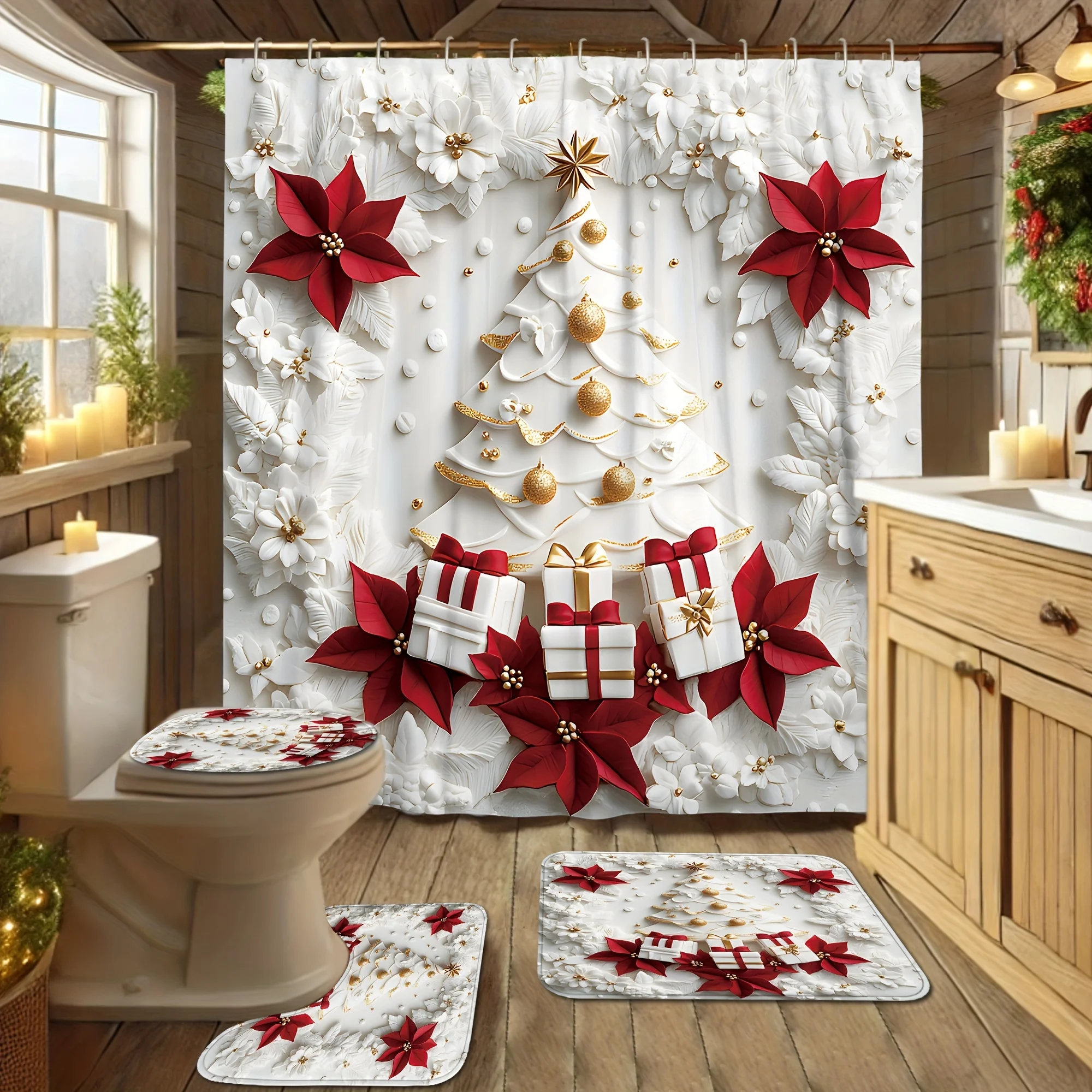 4Pcs Xmas Winter Bath Set,Red Gold White 3D Tree Design, Washable Shower Curtain, 12 Hooks, Non-Slip Mat & U-Shaped Toilet Cover