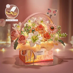 Creative Pink Rose Basket Bouquet Building Blocks Portable Flower Bouquet Gift Box Series Model Bricks Adult Puzzle Toy Gifts