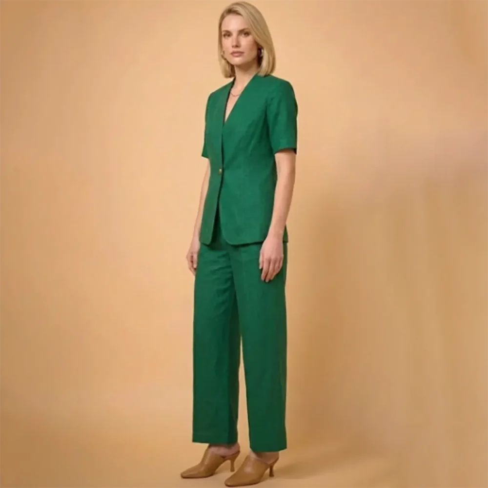Minimalist Women Green 2 Piece Suit Short Sleeve Single Button Blazer+Wide Leg Pants Set Summer Office Casual Outerwears