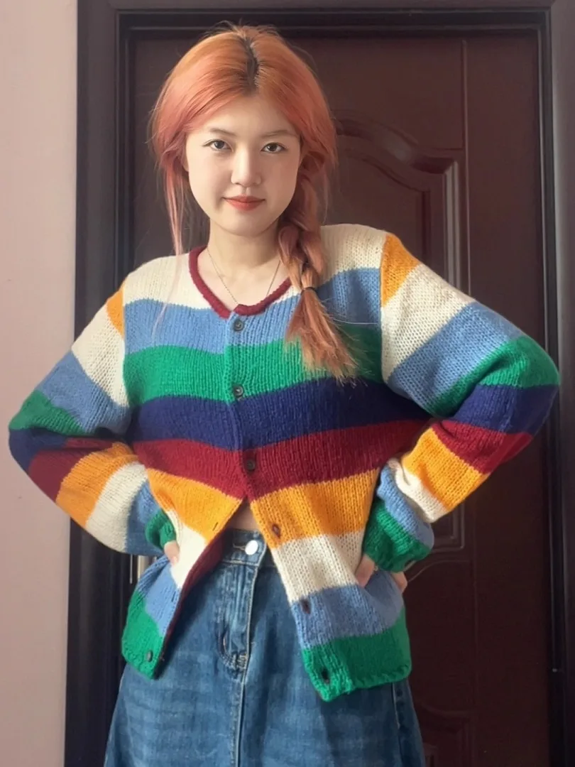 

Korean Design Rainbow Stripes Long Sve Knitted Sweater Women Early Autumn Loose Slimming Faionable Youthful Open Cardiga...