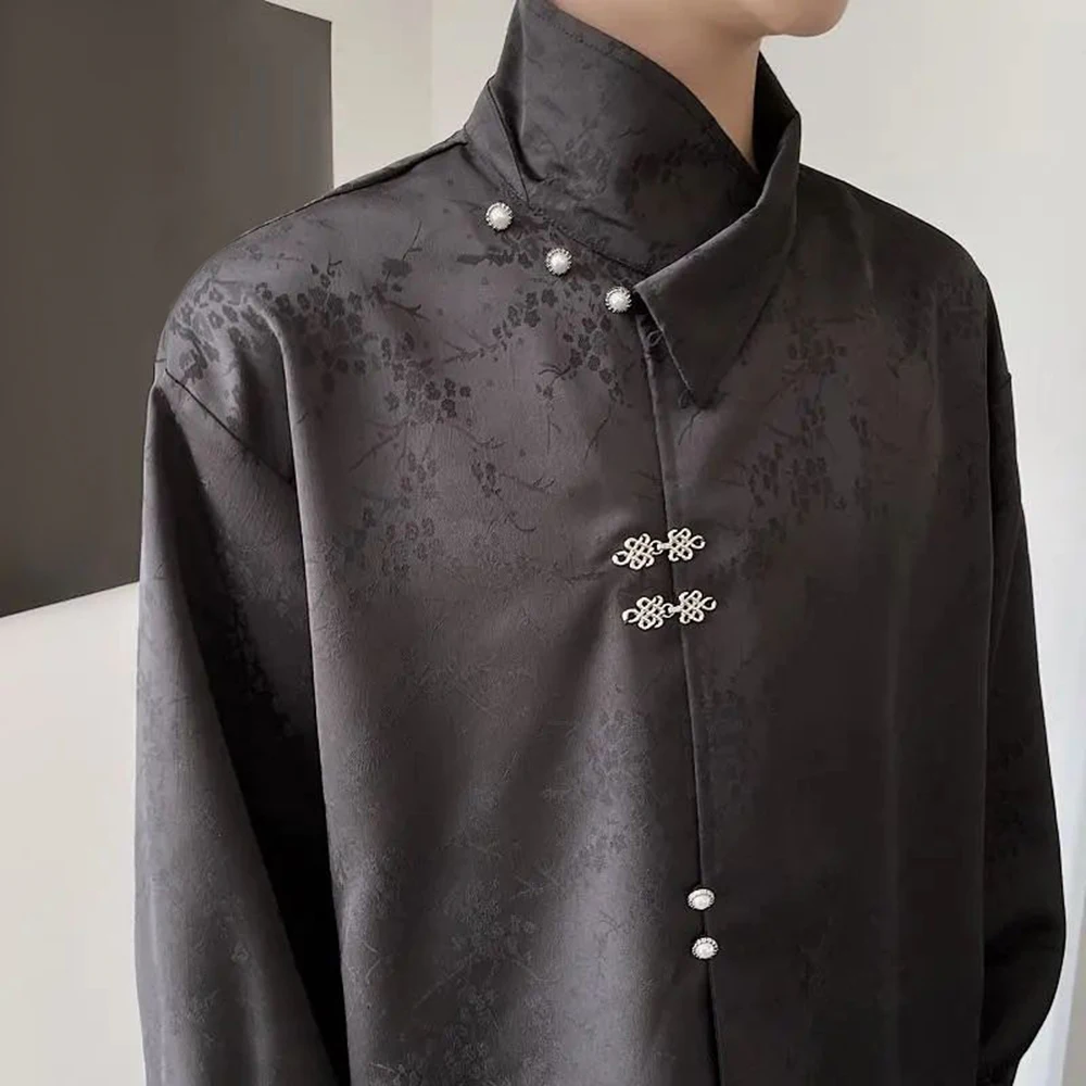 Mens Chinese Style Cheongsam Button Jacquard Satin Long-Sleeve Shirt 2024 New Genderless Autumn Winter Retro Couple Shirt Unisex