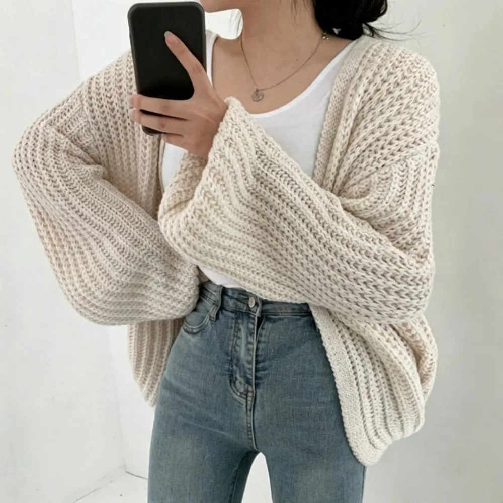 Thick Knit Texture Chunky Knit Cardigan Solid Color Loose Fit Lantern Sleeve Cardigan Long Sleeve Open Front Design