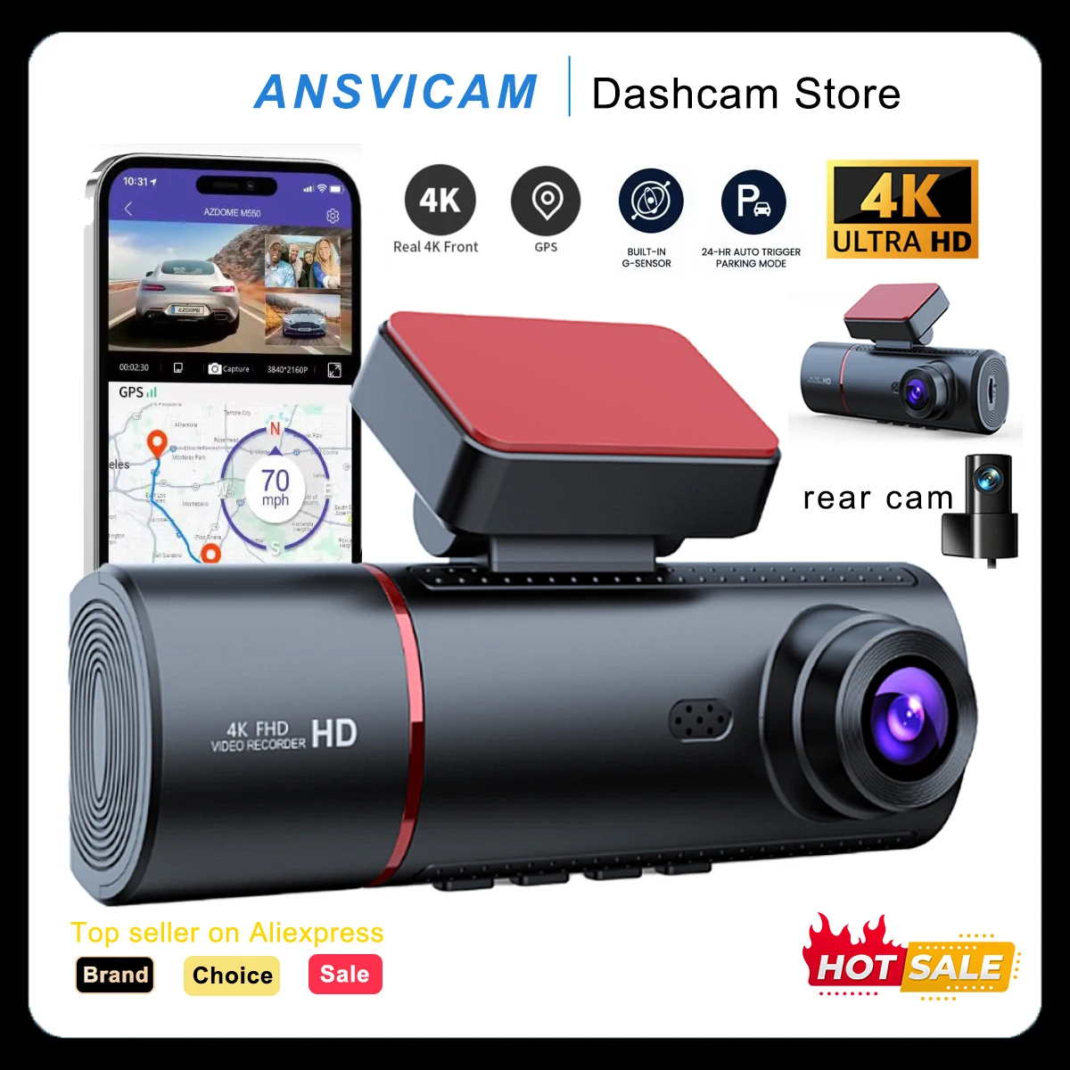 

ANSVICAM 4K Видеорегистратор S330 Max Встроенная GPS Wi-Fi камера Автомобильный видеорегистратор 3,16 дюйма Экран ночного видения 24 часа Монитор парковки Поддержка задней камеры