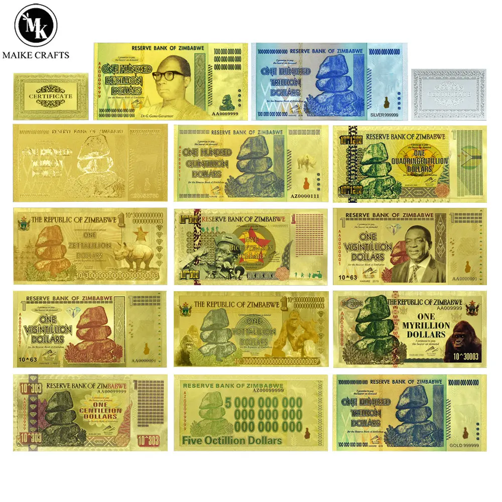 Zimbabwe Banknotes 100 Quintrillion/5 Octillion/100 Decillion Dollar Gold Foil Banknote Replica Paper Money Business Gift