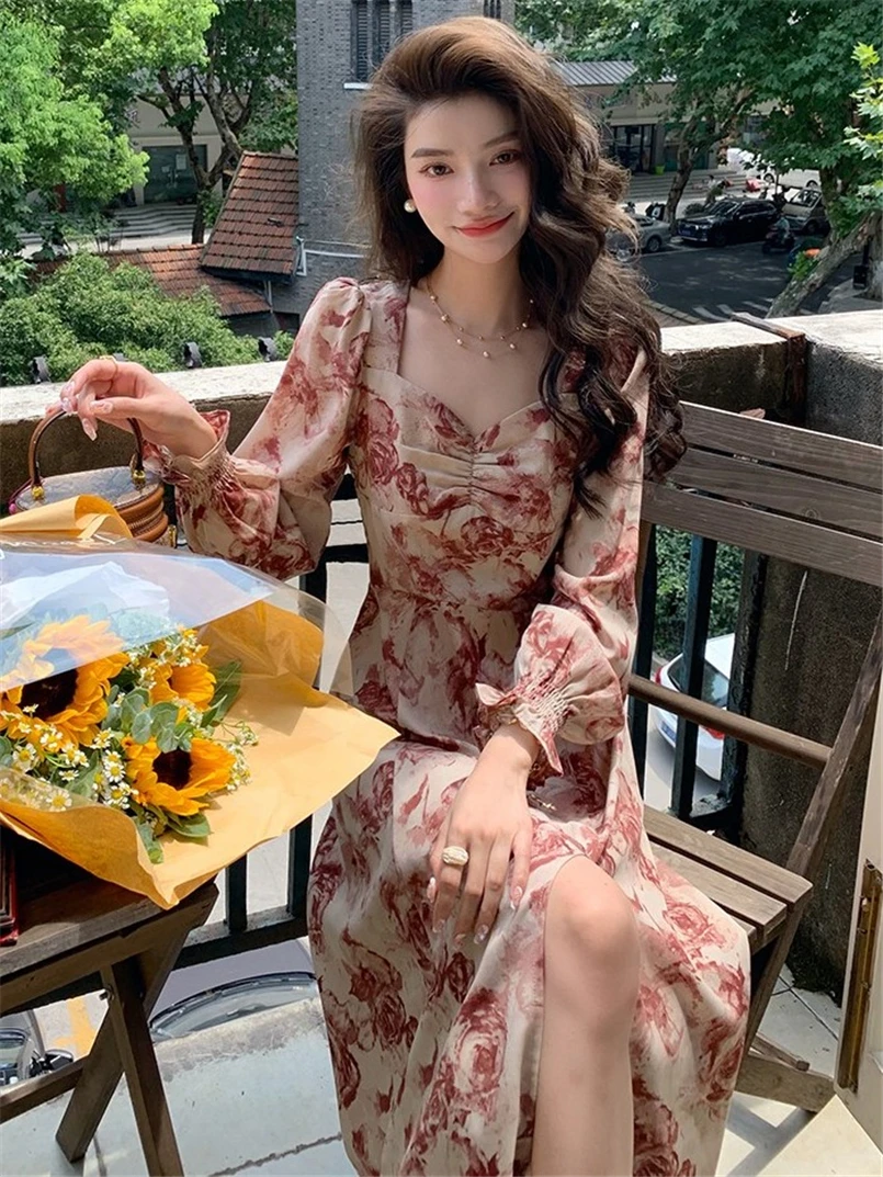 Vestido de verano con estampado Vinatge, Vestidos largos bohe para fiesta en la playa, cuello cuadrado, mangas largas, vestido Sexy con abertura alta, Vestidos de talla grande