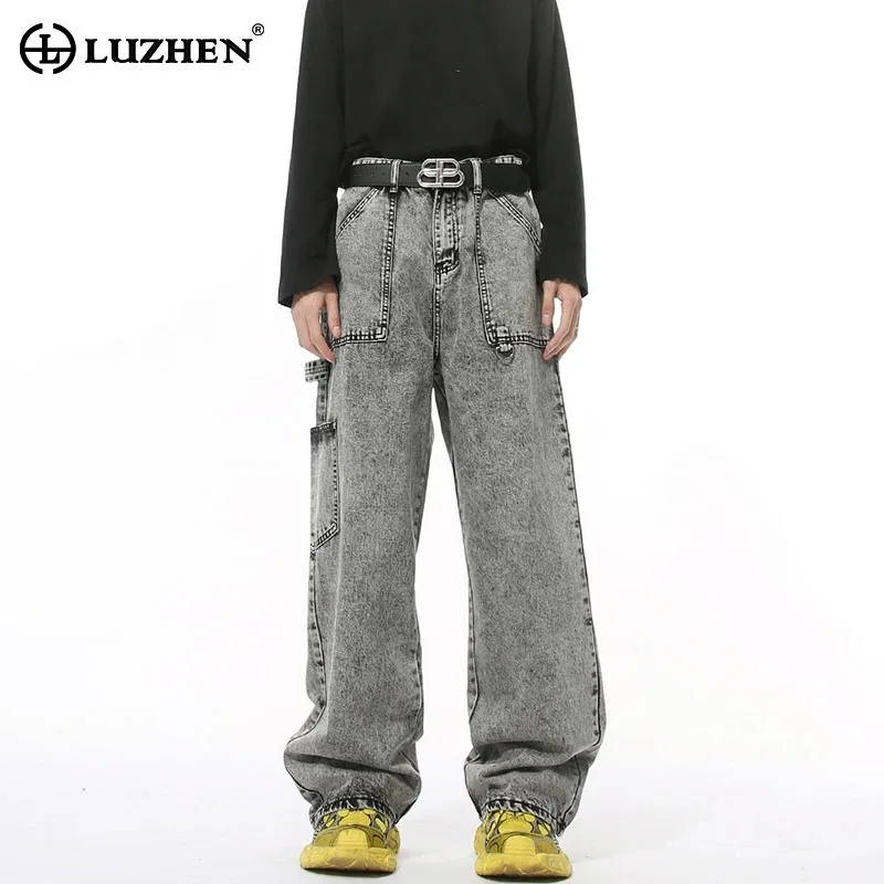 LUZHEN Vintage Washed Denim Pants Straight Men's New Workwear Unisex American Streetwear Wide Leg Jeans 2024 Versatile LZ8002