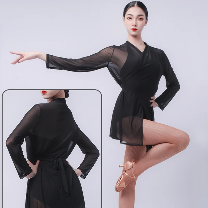 Panie Latin Dance topy dla kobiet Mesh Cardigan czarna siatka koszule Latin trening taneczny ubrania stroje do tańca towarzyskiego DN12932