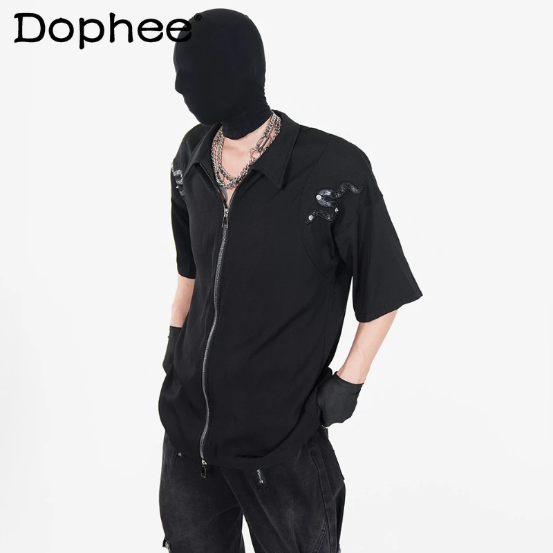 

Men's 2025 Summer New Niche Tops Male Chic Double Zipper Lapel Shirts Men's Snake Pattern Metal Rivet Lapel Short Sleeve Shirts