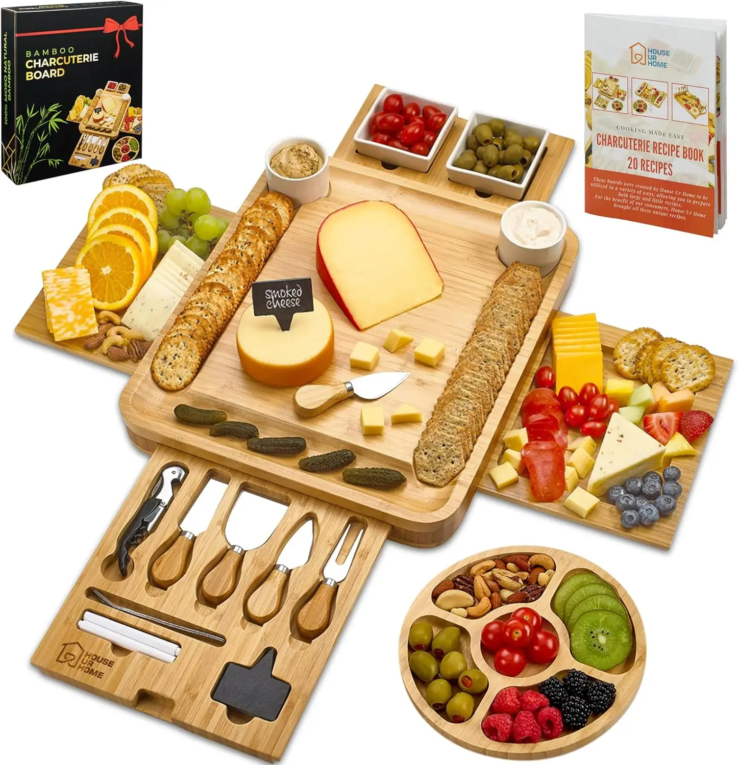 

Large Charcuterie Board Set-Bonus Recipe Book-2Ceramic Bowls & Plates, 4Magnetic Drawers Bamboo Cheese Knife Set