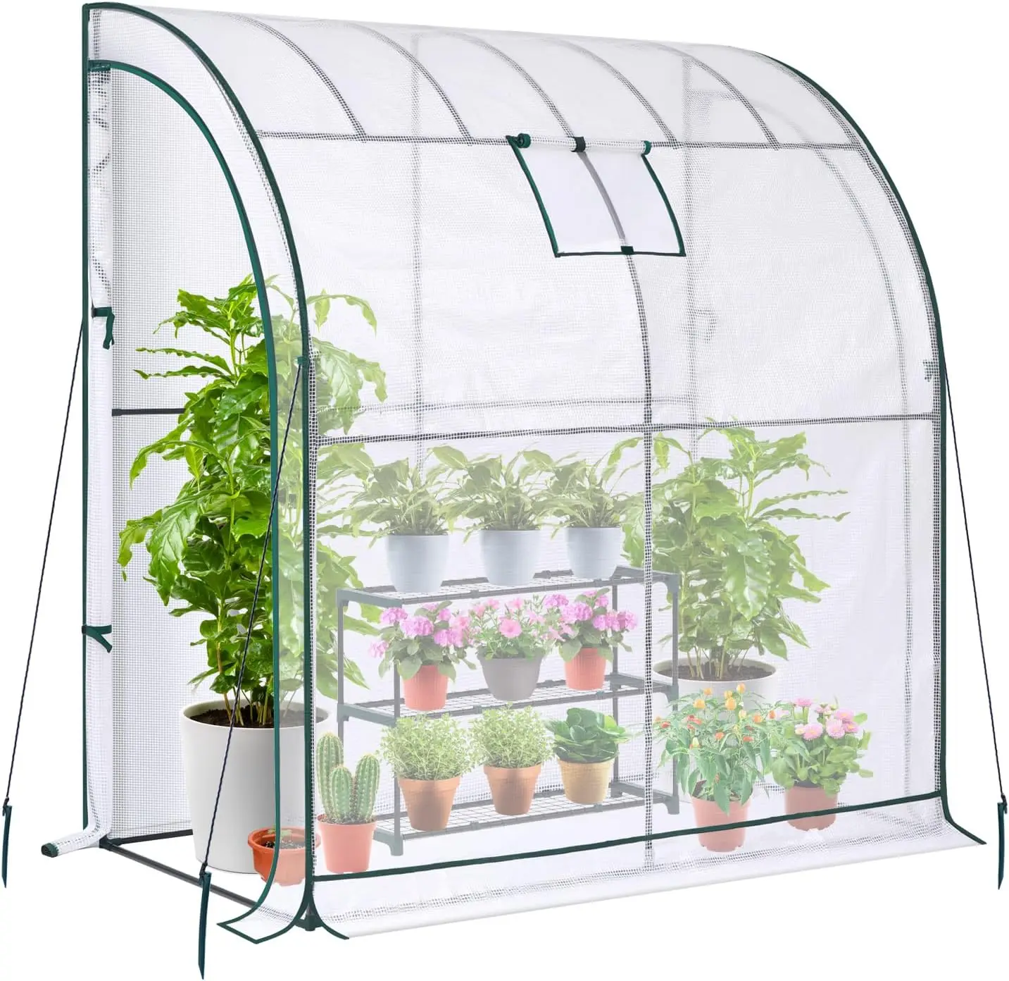 

Lean to Greenhouse with 3-Tier Shelves: Portable Walk-in Wall Mounted Green House with Mesh Windows, 79"x39"x83" Reinforce