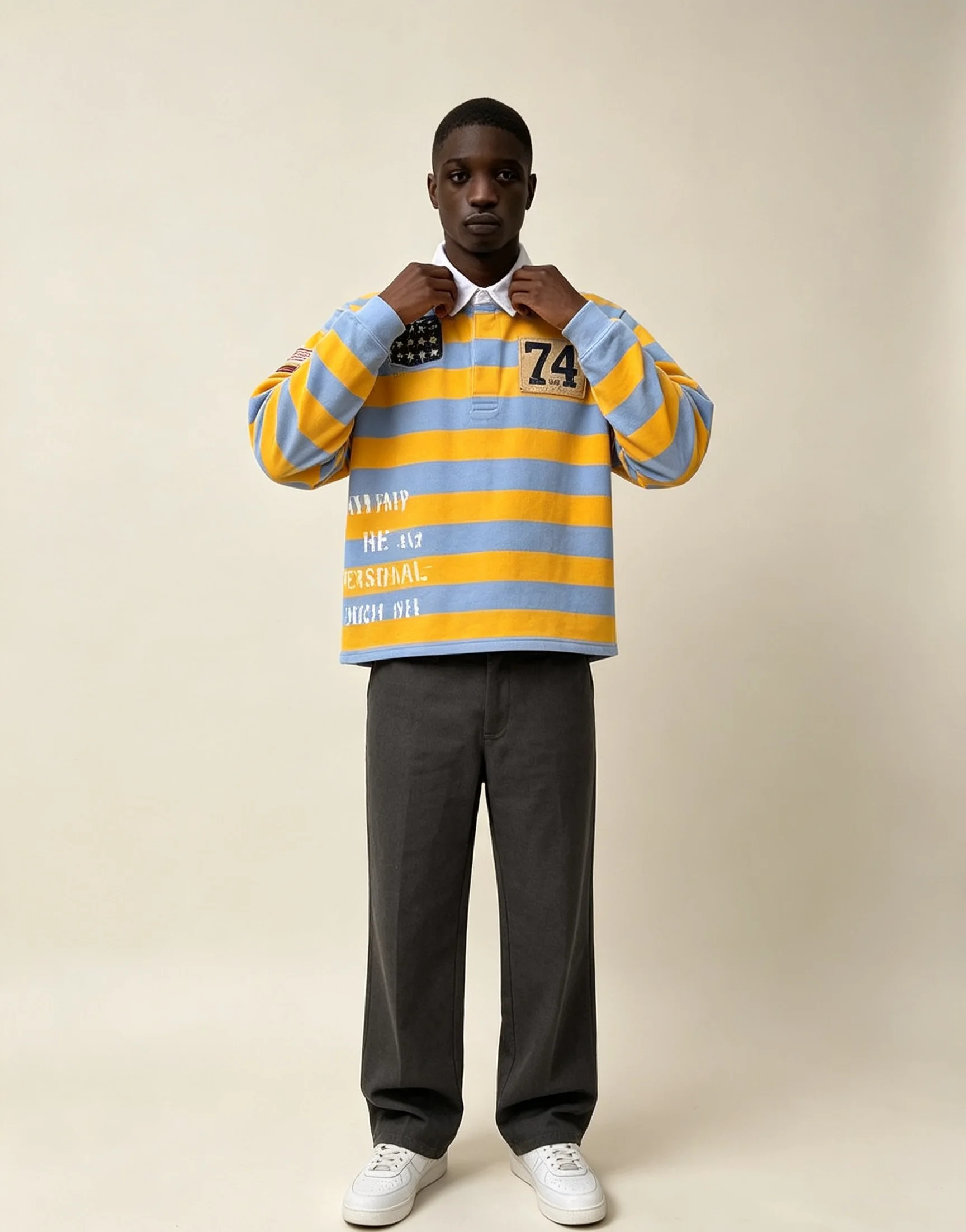 American Retro Stripe Flag Patch Cropped Polo Long Sleeve Shirt Unisex Hip Hop Vintage Streetwear Top