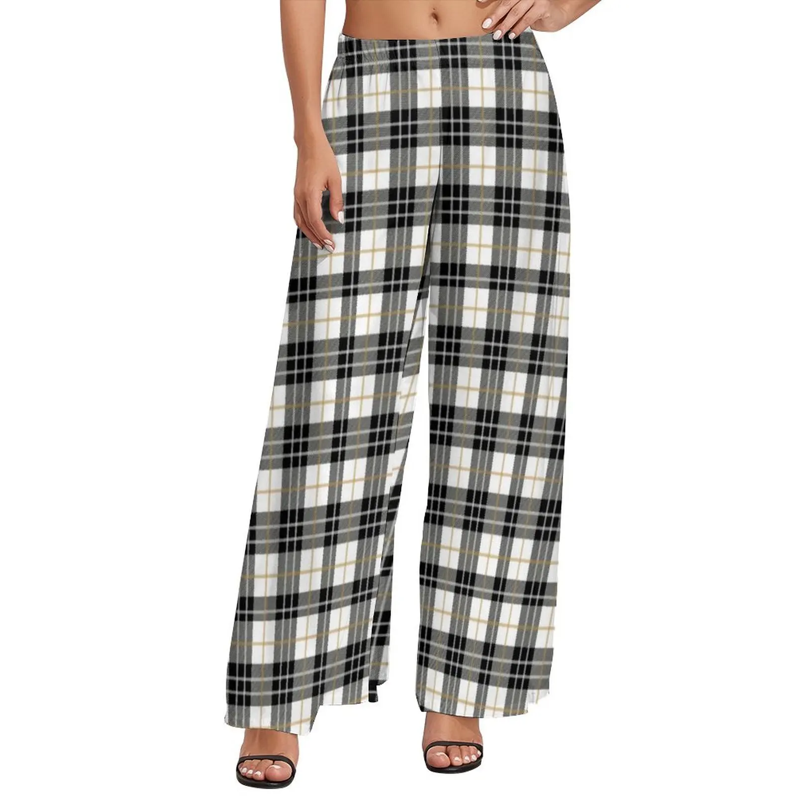 

White Black Plaid Pants Female Retro Lines Print Korean Fashion Trousers High Waisted Elegant Wide Pants Birthday Present