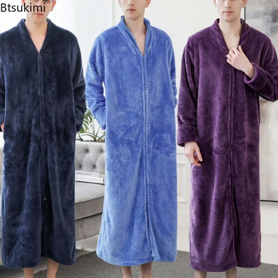 Men's Autumn Winter Warm Long Flannel Bathrobe Solid Color Zipper Thickened Extended Bathrobe Pregnant Women and Men Sleepwear