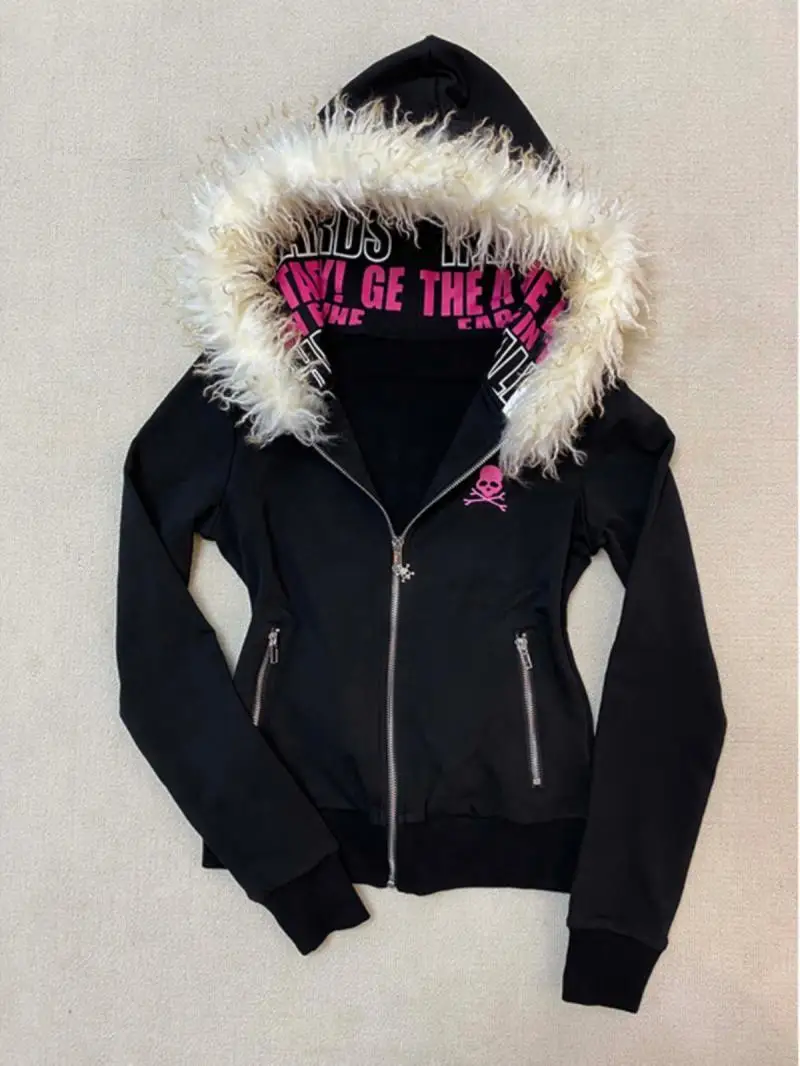 

Original American Retro Slim zipper Cardigan Y2K Harajuku Skull Letter Print Hoodie Street Casual Fashion Fur Jacket Women