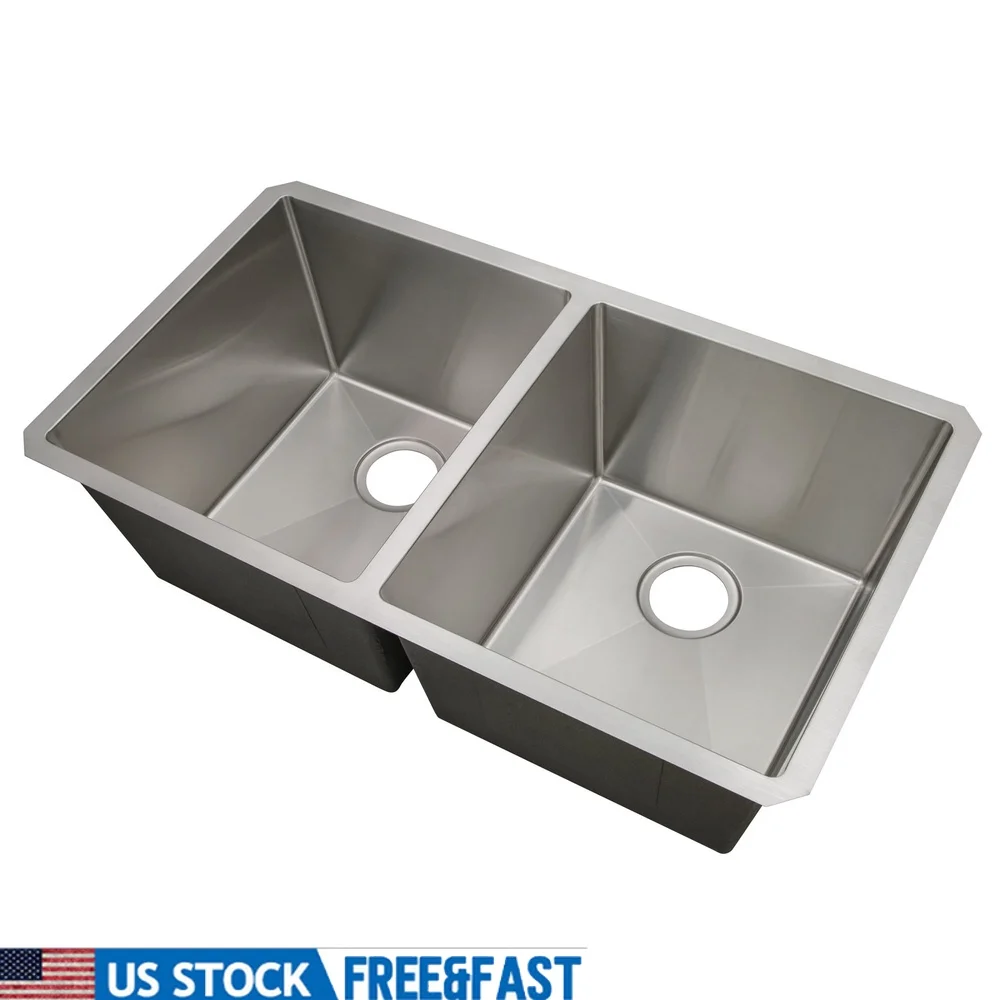 

Прочная 32-дюймовая кухонная мойка с двойной чашей, 18 калибра, звуковой барьер из нержавеющей стали, углы R10, оптимальный дренаж