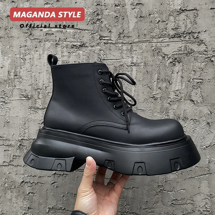 

Height increased by 7CM short leather boots for men's lace up work shoes black matte thick sole big toe leather shoes