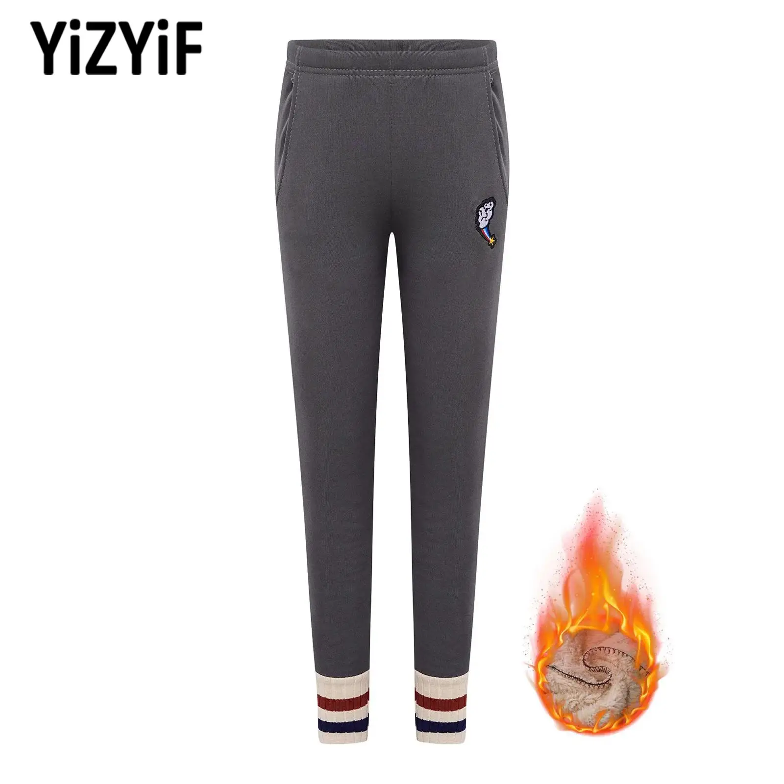 

Warm Fleece-Lined Leggings for Girls Kids Sports Yoga Running Costumes Elastic Waistband Color Block Knitted Leg Openings Pants