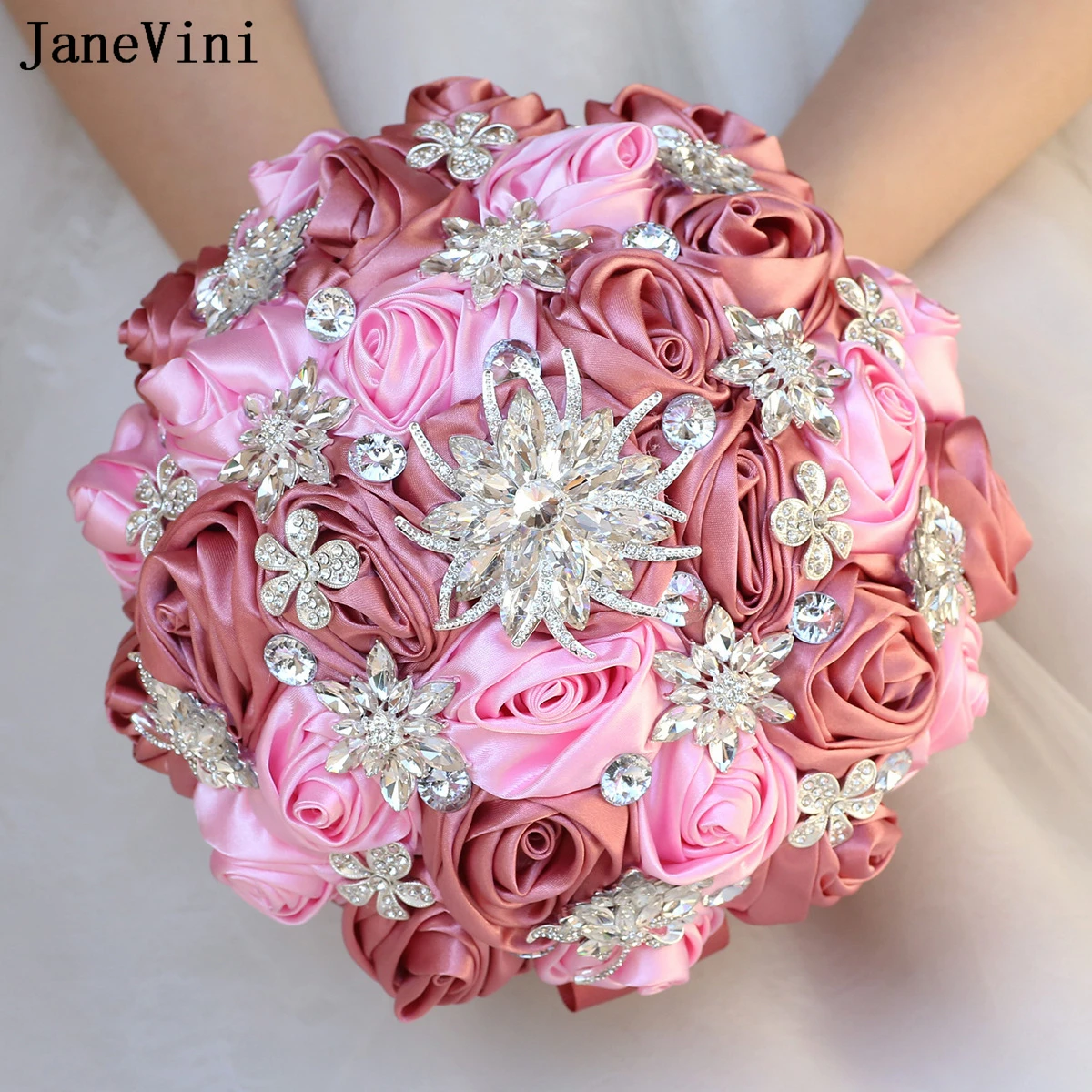 JaneVini Elegant Dusty Pink Ivory Ribbon Flowers Bridal Bouquets Artificial Satin Roses Silver Crystals Jewelry Wedding Bouquet