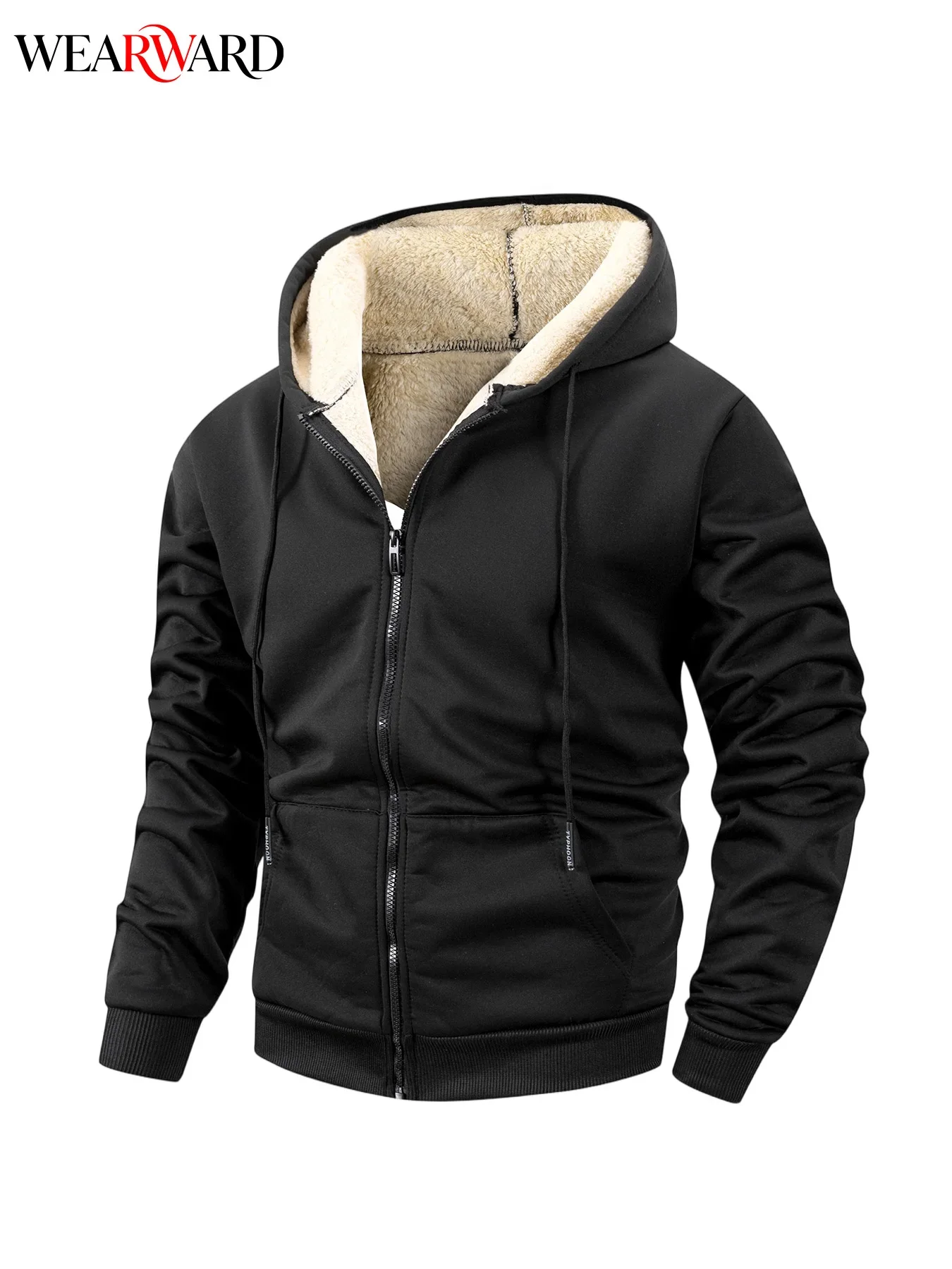 Men Winter 2Pcs Hooded Jacket Set Sherpa Inner Full Zip Drawstring Warm Casual Coat