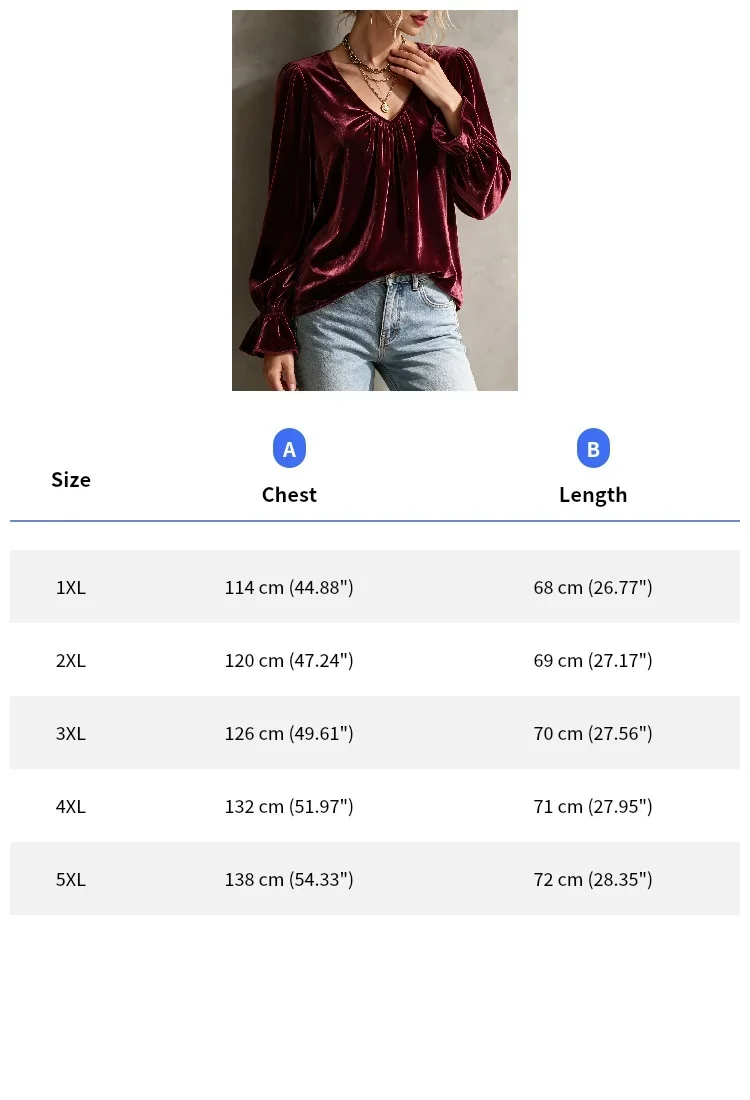 Plus-Size-Samtbluse für Damen, V-Ausschnitt, lange Ärmel, plissierte Laternenärmel, elegante burgunderrote Oberteile, lässiges, lockeres Hemd – Detail 3
