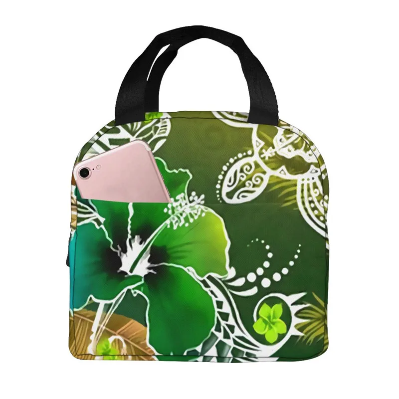 

WHEREISART Childrens Insulated Lunch Bag Thermal Green Polynesian plumeria Tote Cooler Picnic Food Lunch Box For Women Girls