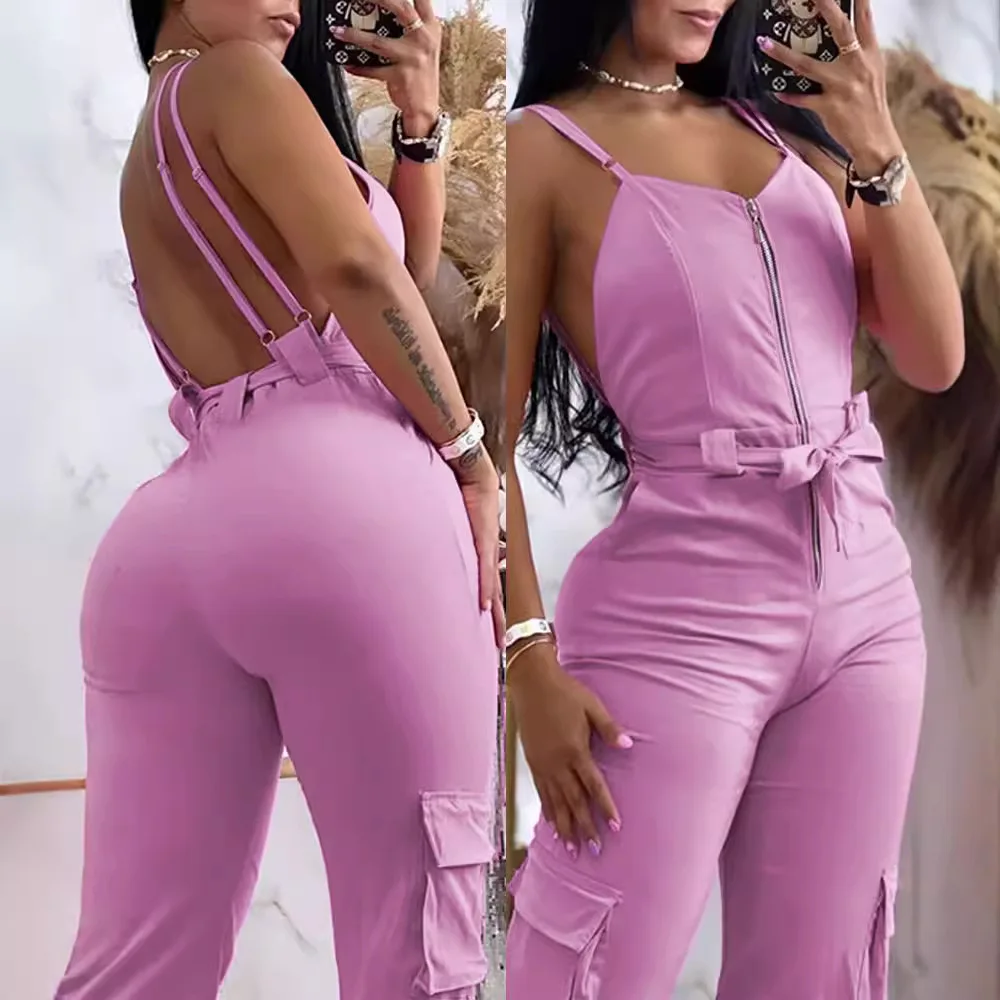 

Zipper Sling Pocket Design Jumpsuit Sleeveless Backless Solid Color Women High Waist Jumpsuits Pants Overall