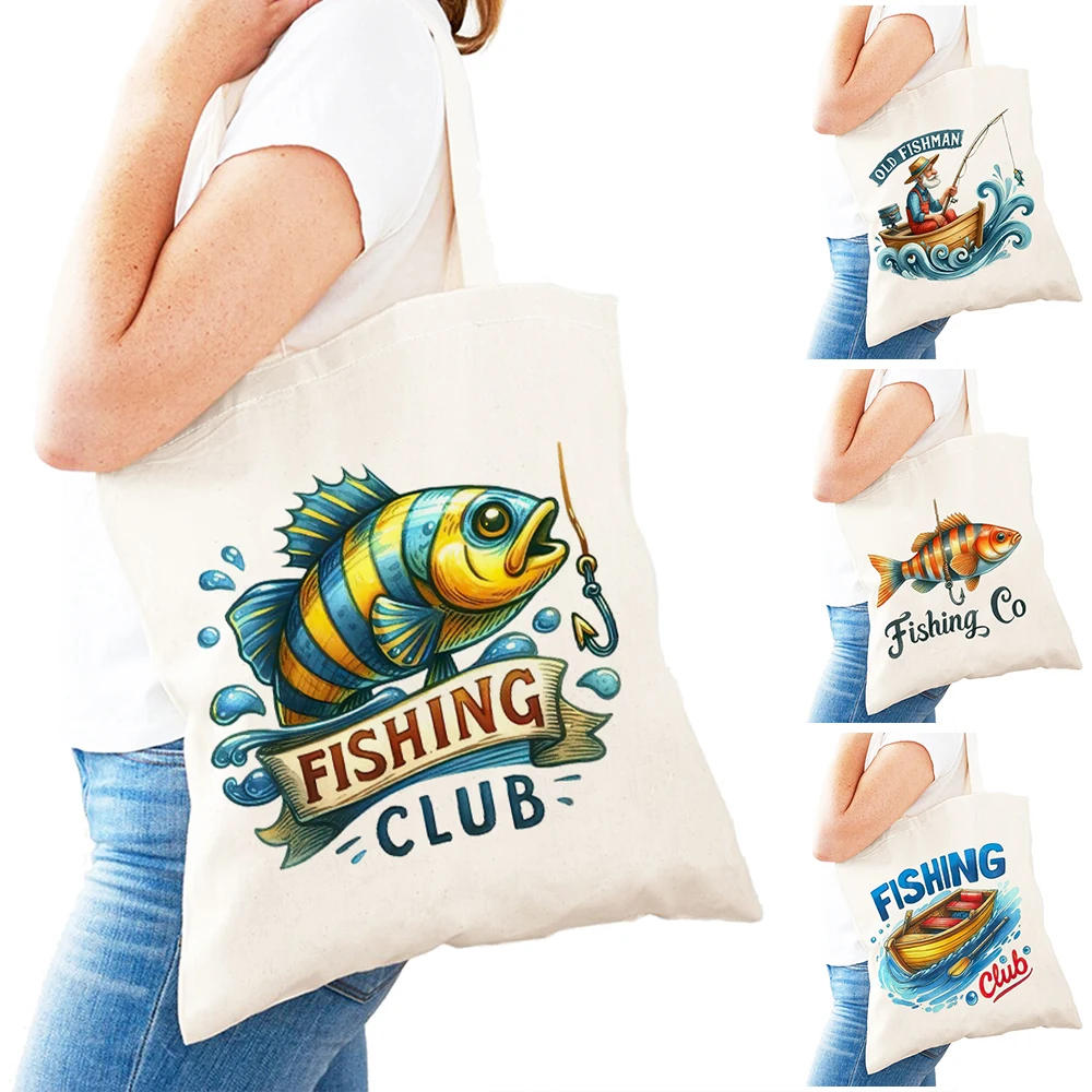 

Retro Fishing Lady Shopping Tote Bag Lightweight Catch The Wave Women Daily Use Satchel Fish On Hook Girl Shopper Bags 31x36 cm