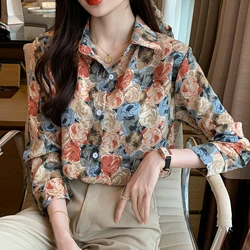 Women Spring Casual Loose Temperament Printing Chiffon Polo-Neck Long Sleeve Shirts Women Clothes Fashion All-match Trend Tops