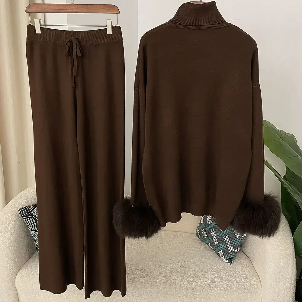 Thick Warm Natural Real Fox Fur Cuffs Coat 2024 New Fashion Autumn Winter Knitted Sweater Women Long Pants Set Jacket