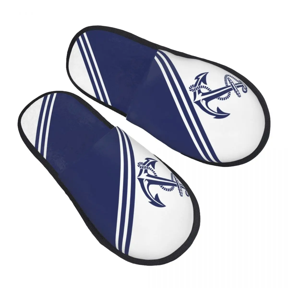 

Custom Navy Blue Stripes Nautical Anchor 5 House Slippers Women Cozy Memory Foam Slip On Bedroom Slipper Shoes