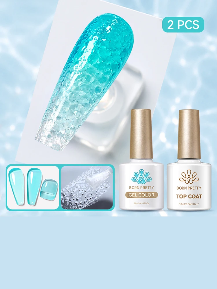 BORN PRETTY 2-teiliges Sommer-Set mit Transparentem Nagelgel und Wasserwellen-Top-Coat, Ohne Abwischen, Abziehbarer Jelly-Gel-Lack