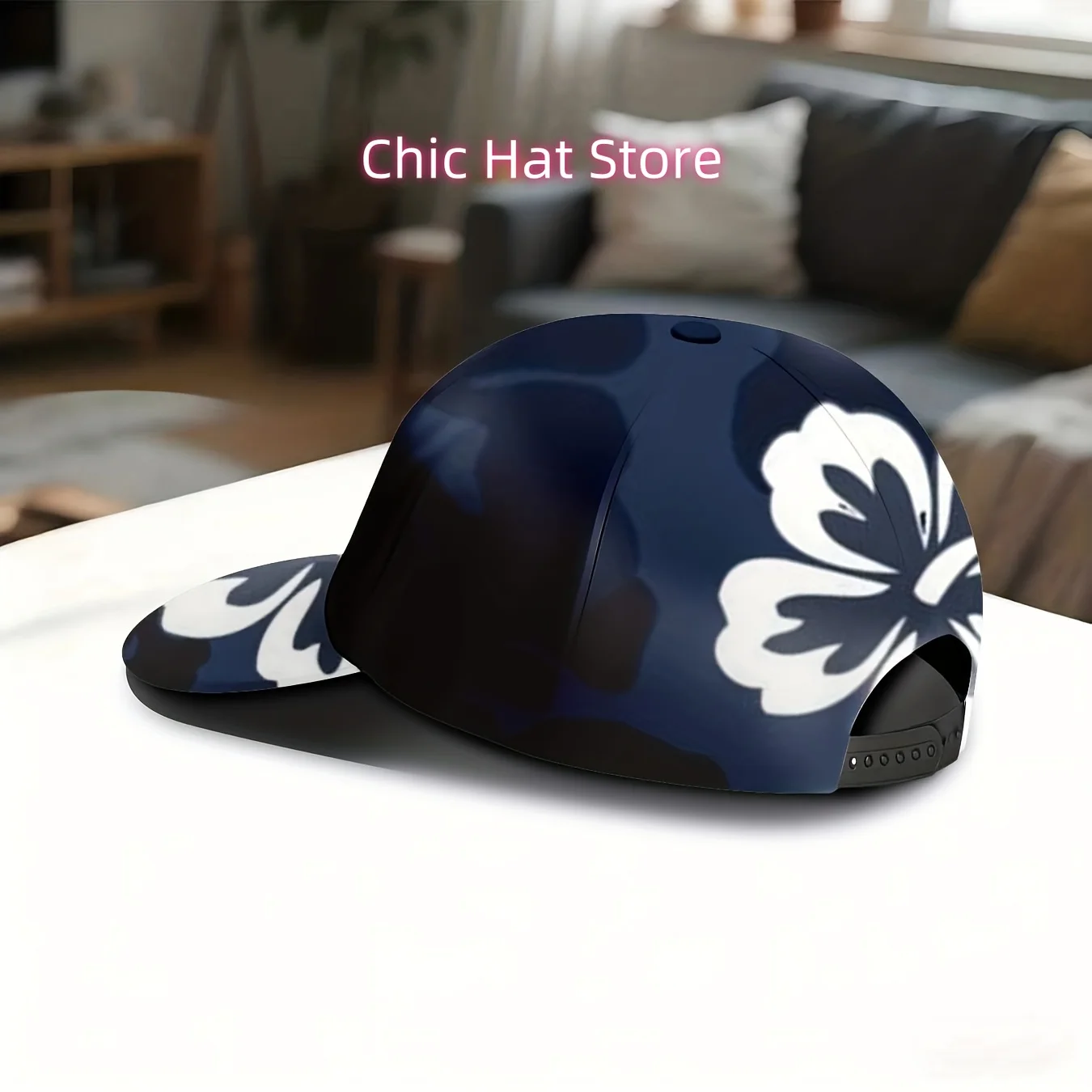 Baseball Cap Featuring a Hawaiian-Style White Hibiscus Flower Print, Designed with a Tropical Floral Pattern. This Casual Hat Is