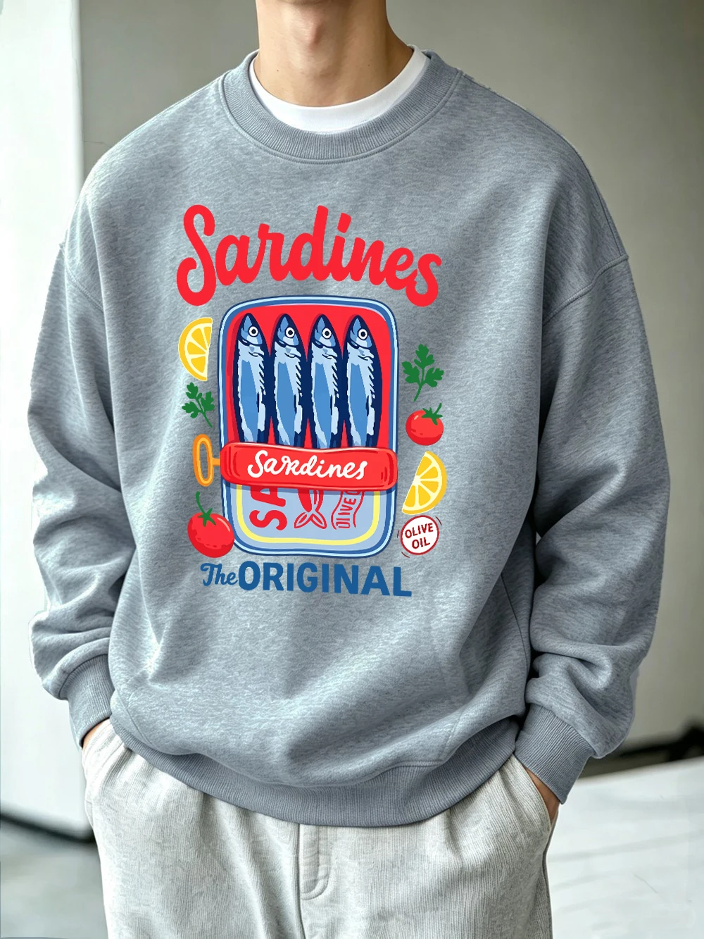 Vintage Sardines Can Prints Sweatshirts Mens Autumn Fleece Warm Hoodies Sporty Crewneck Jogging Pullover Casual Loose Clothes