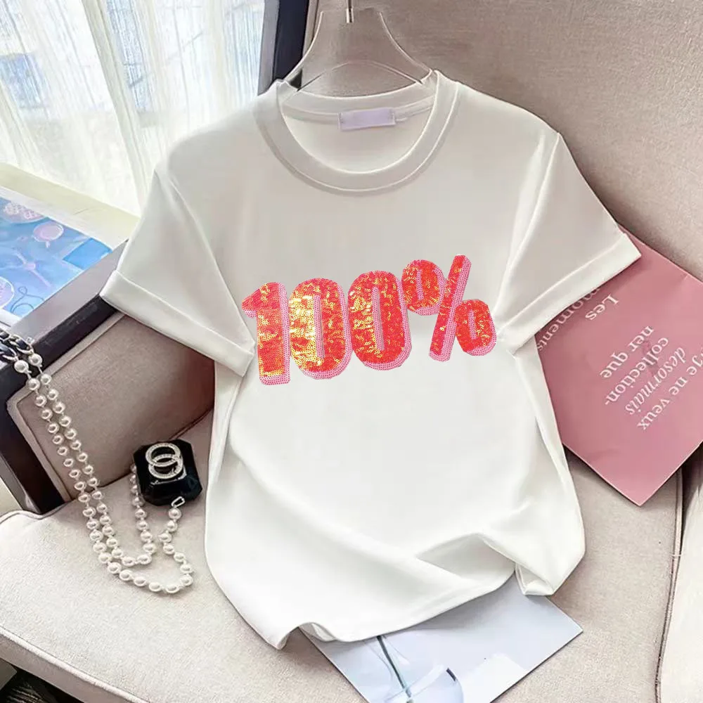 Cute Confidence Embroidery T Shirts Korean Brand High Quality Cotton Short Sleeve Kawaii Clothes Fashion Ladies Crystal Casual