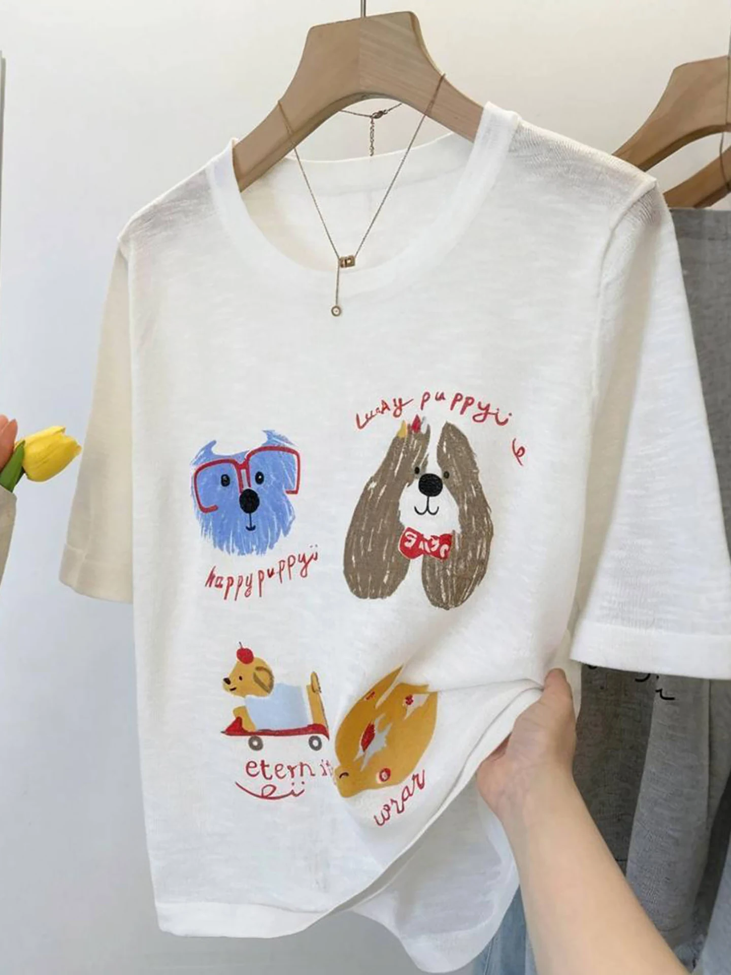 

Уникальная летняя тонкая футболка ort Sve, женский вязаный топ из ледяного шелка, корейский свободный крой, свитшот из смеси полиэстера