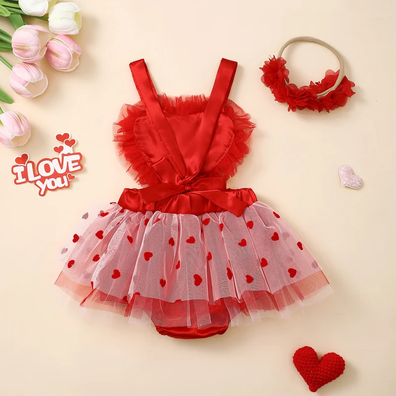 Baby Girls Valentine’s Day Outfits Summer Baby Kawaii Romper Dress Sleeveless Heart Print Tulle Romper with Headband Sets