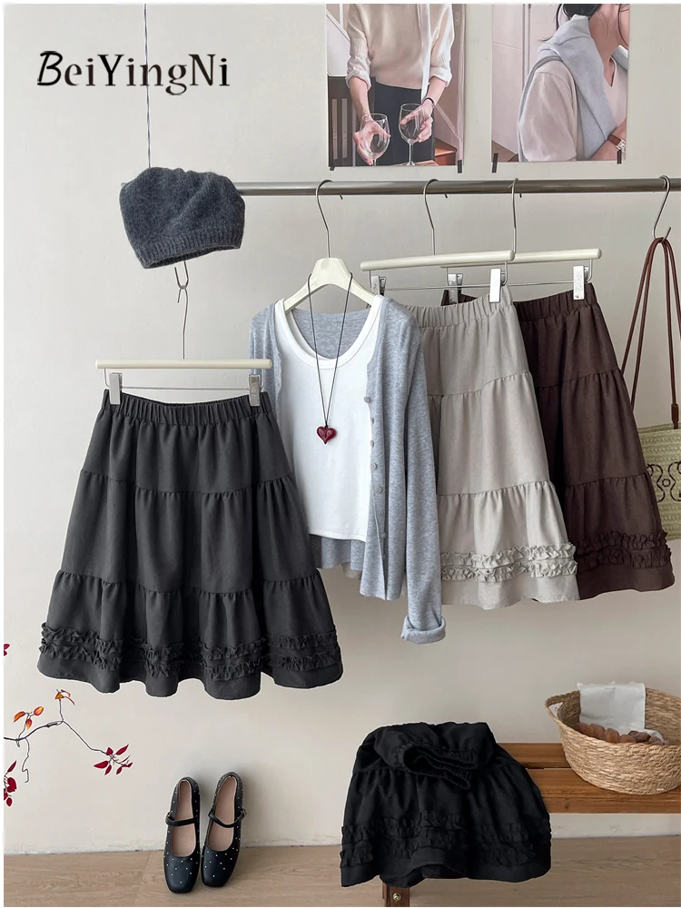 Beiyingni 2026 Autumn Winter Short Skirts for Women High Waist A-line Skirt Girls Korean Street Edible Tree Fungus Cake Skirt