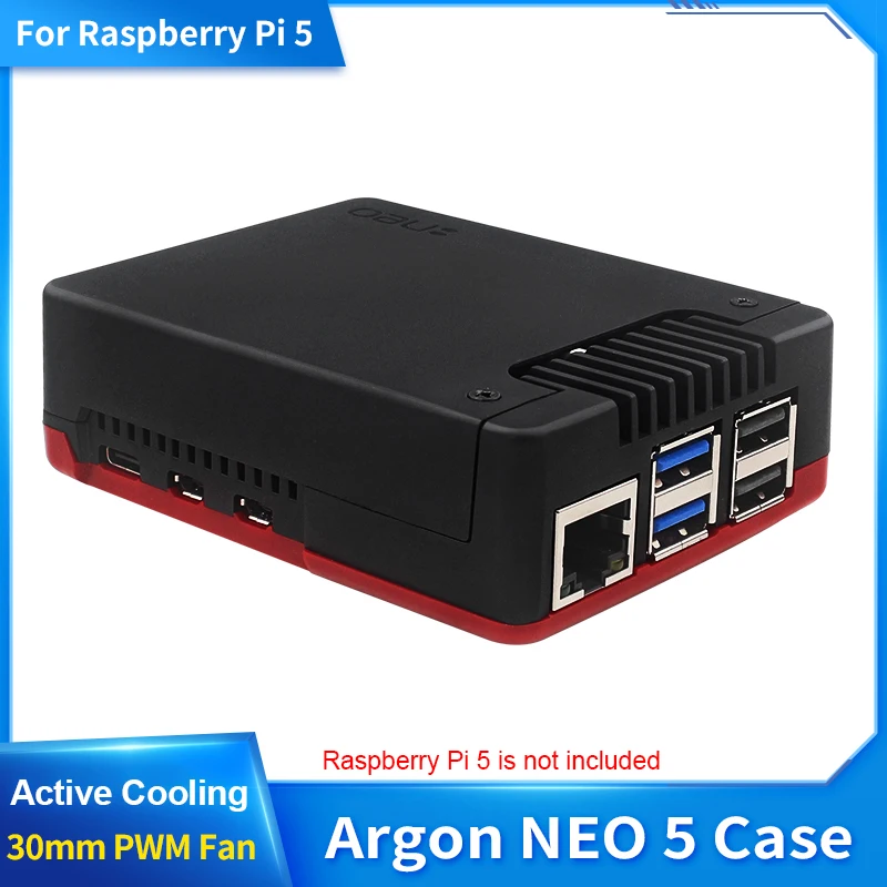 

Argon NEO 5 Case for Raspberry Pi 5 Passive Active Cooling Aluminum Enclosure Black Red Case with 30mm PWM Fan for RPi 5