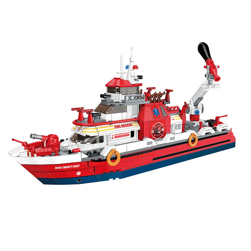 MOC City Coastal Rescue Firefighting Ship Fire Department Accessories Building Firefighter Model educational Blocks Bricks Toys