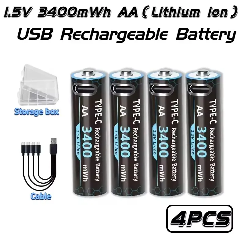 جديد 1.5 فولت AA بطارية ليثيوم 3400mWh قدرة عالية USB-C قابلة للشحن لقفل الباب الذكي كاميرا الصيد ماوس التحكم عن بعد
